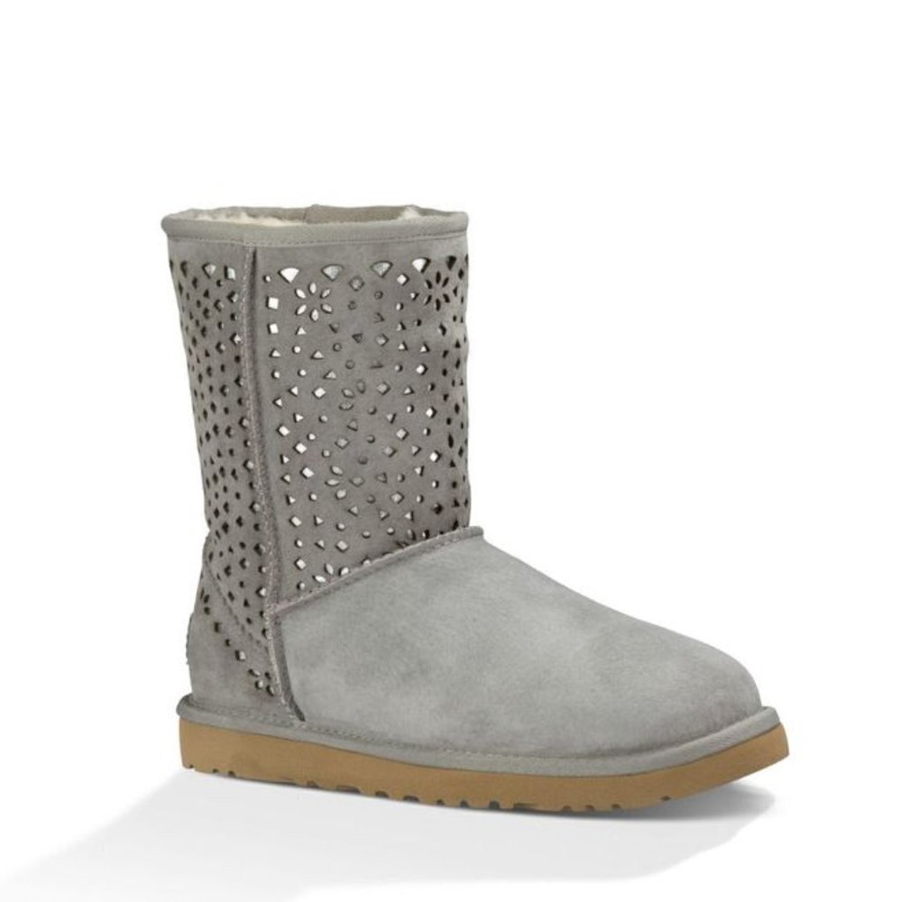 UGG • Classic Short Flora Perf Boots grey perforated shearling sheepskin sherpa